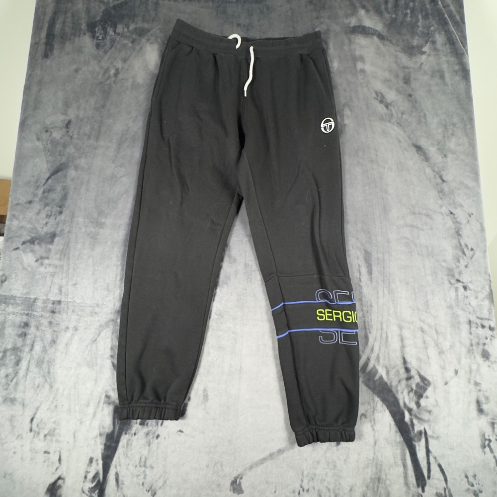 Sergio Tacchini Sweatpants Mens Large Black Graphic Fleece Joggers Drawstring